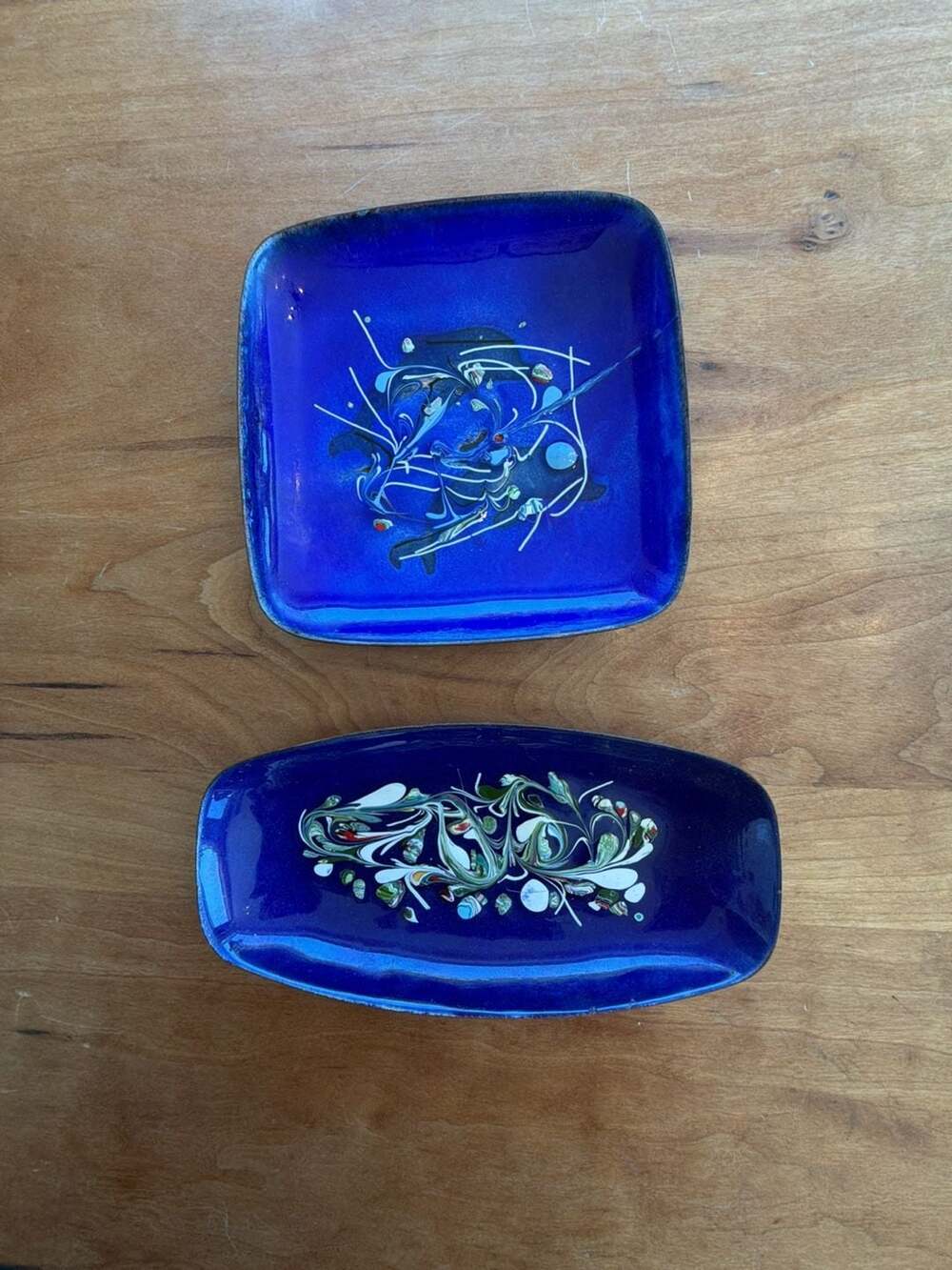 Hilary Jarvis Mid Century Abstract Blue Enamel on Copper Trays - Set of 2